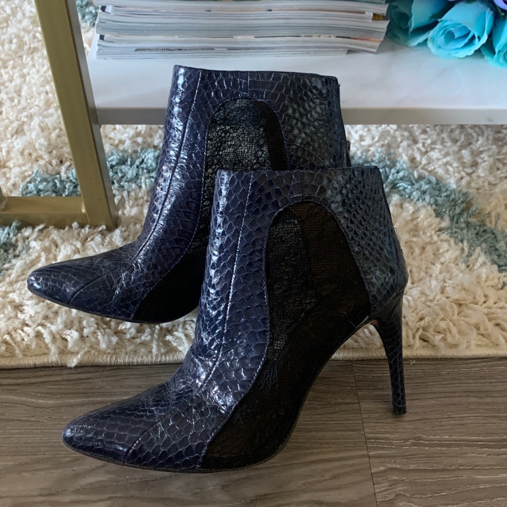 Navy Snakeskin boots with lace trim